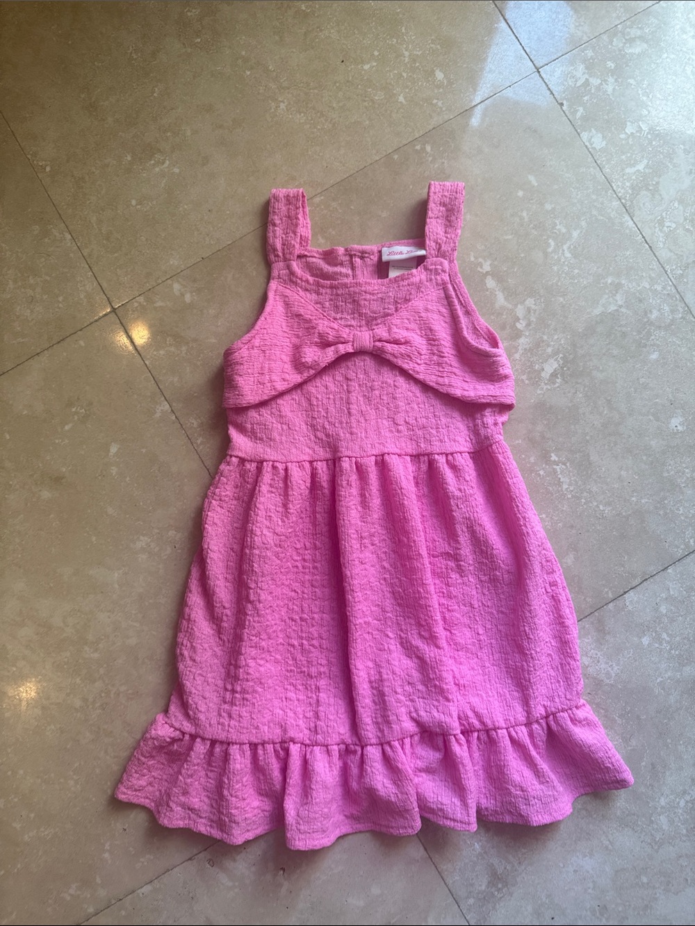 Little Lass Pink Textured Sundress with Bow and Ruffle